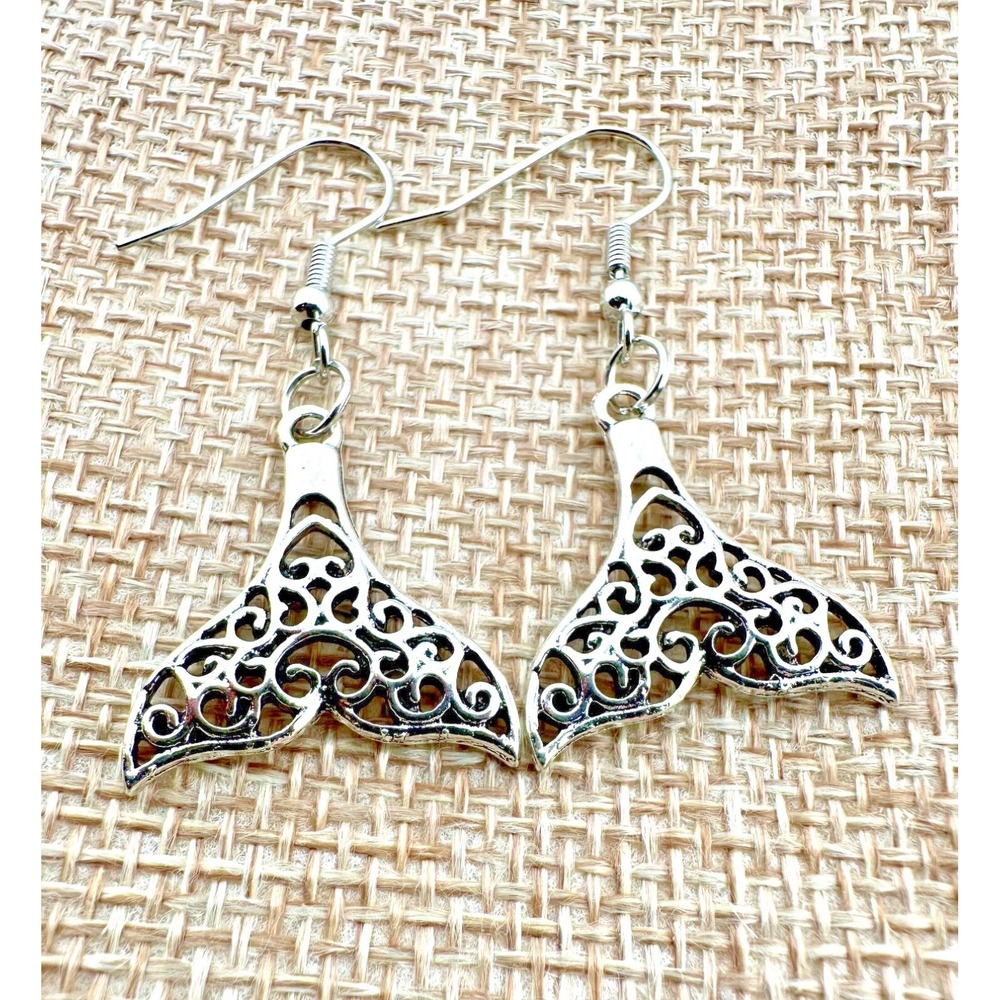 Silver Tone Filigree Whale Tails Earrings Ocean Lovers